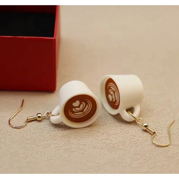 NWT H&M Heart Pattern Coffee Cup Dangle Earrings - Picture 1 of 1